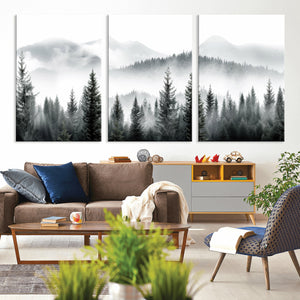Misty Pine Forest Mountain Landscape Wall Art Canvas Print