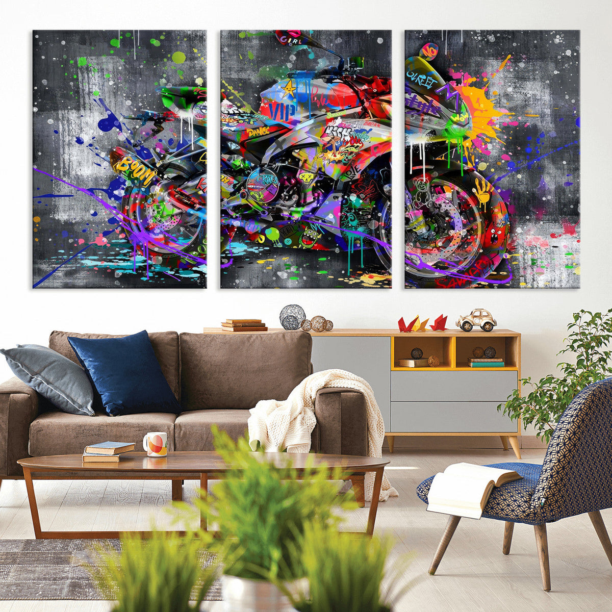 Graffiti Motorcycle Wall Art Canvas Print, Urban Street Art