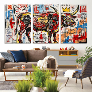 Texas Bull Wall Art Canvas Print, Abstract Graffiti Bull