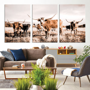 Texas Longhorn Cattle Wall Art Canvas Print, Sepia Western