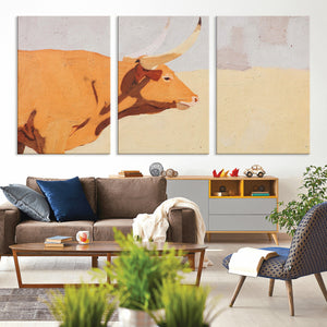 Minimal Longhorn Bull Wall Art Canvas Print, Neutral Western