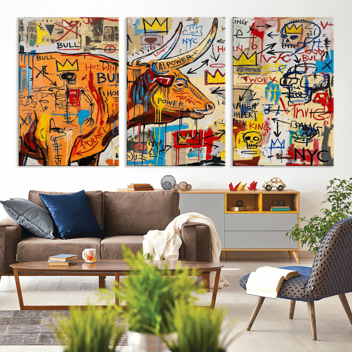 Basquiat Style Bull Graffiti Wall Art Canvas Print, Street