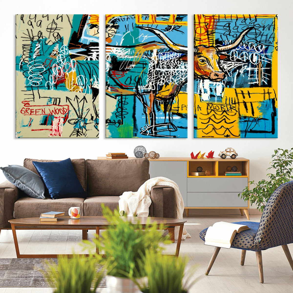 Basquiat Style Bird Bull Graffiti Wall Art Canvas Print,
