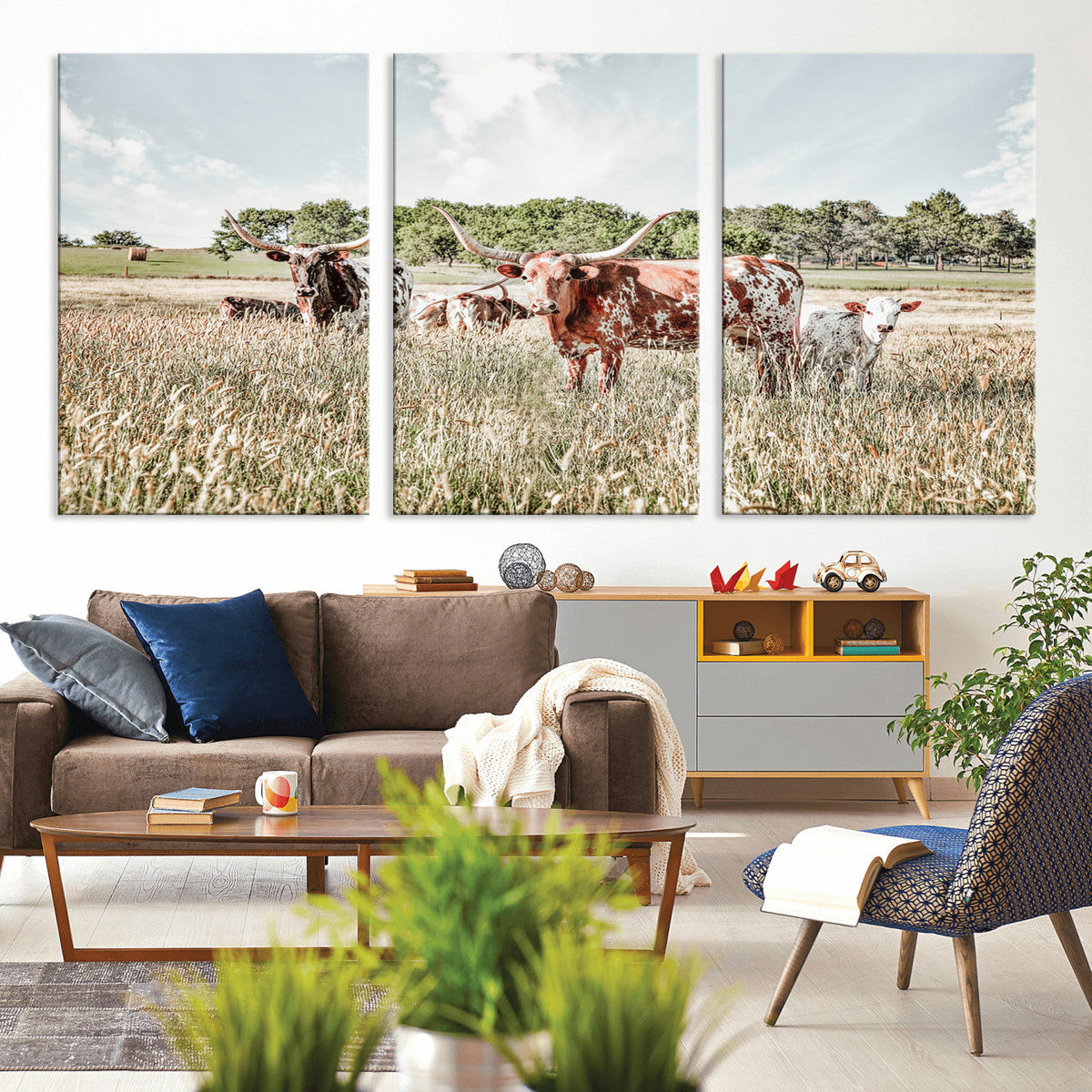 Texas Longhorn Cattle Wall Art Canvas Print, Rustic Ranch