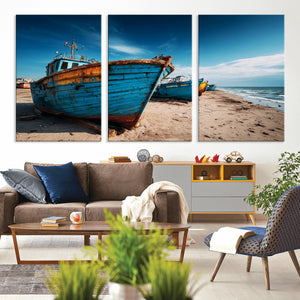 Coastal Fishing Boats Wall Art Canvas Print, Sunset Beach