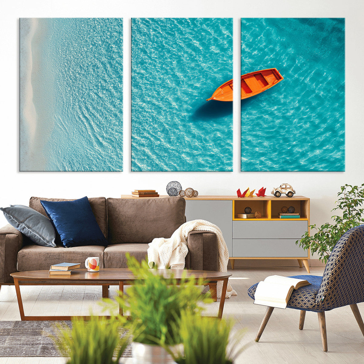 Minimalist Boat Wall Art Canvas Print, Aerial Sea Landscape