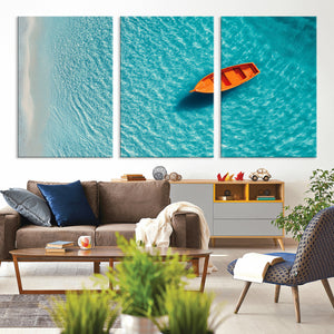 Minimalist Boat Wall Art Canvas Print, Aerial Sea Landscape