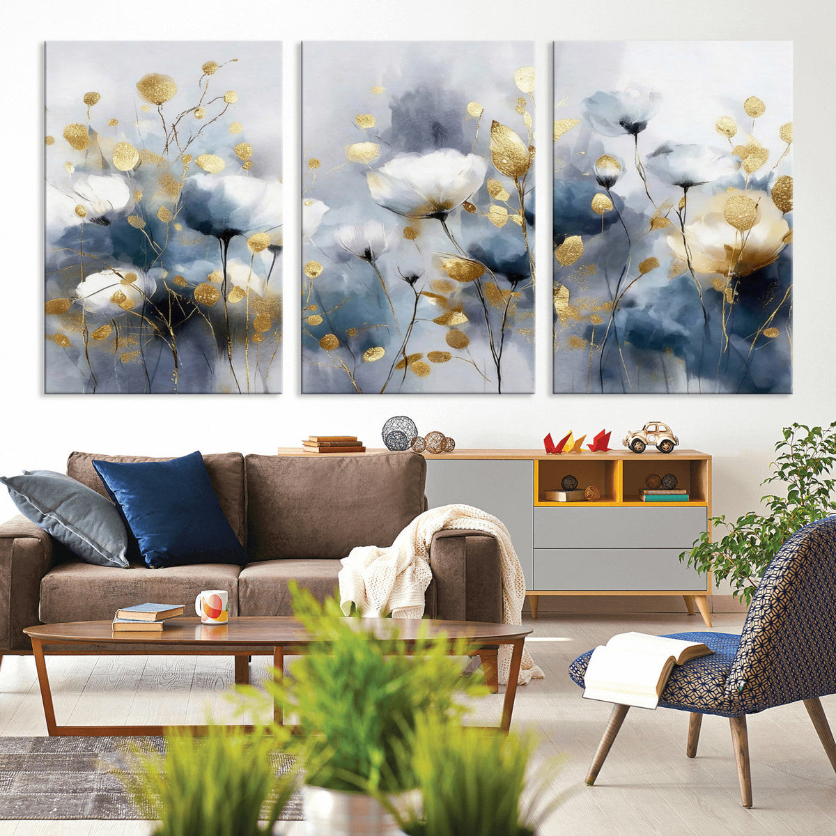 Large Abstract Flowers Wall Art Canvas Print – Gold and Blue