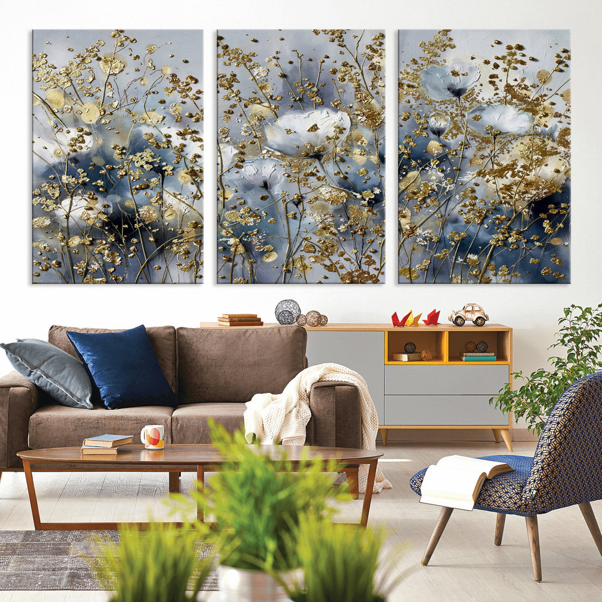 Abstract Floral Wall Art Canvas Print – Gold and Blue