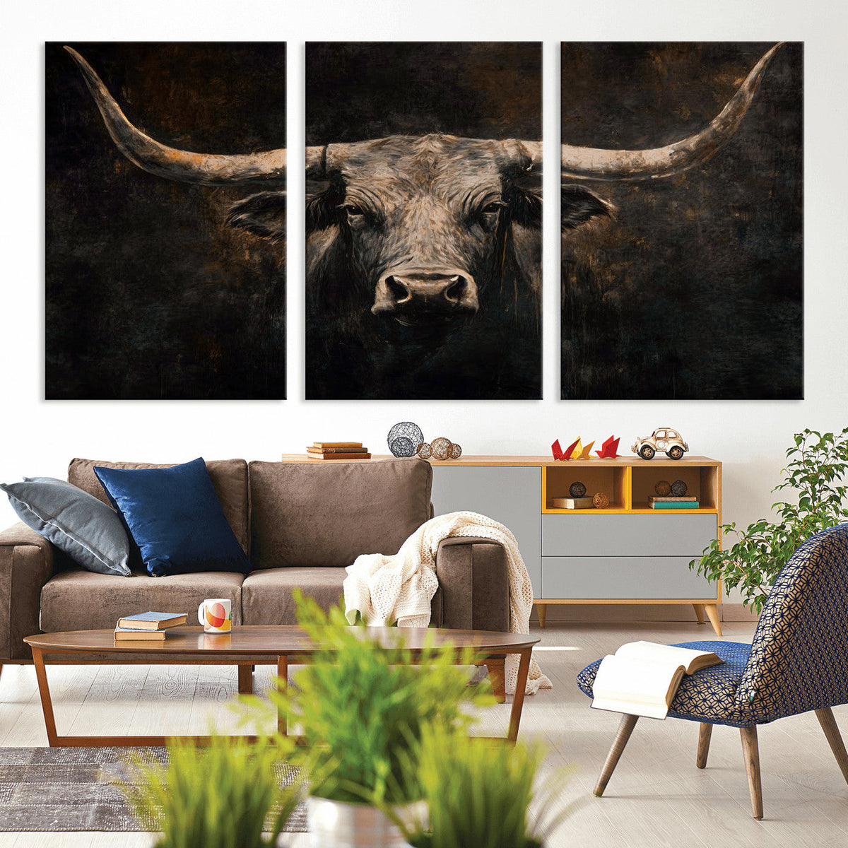 Vintage Longhorn Bull Wall Art Canvas Print – Rustic Western