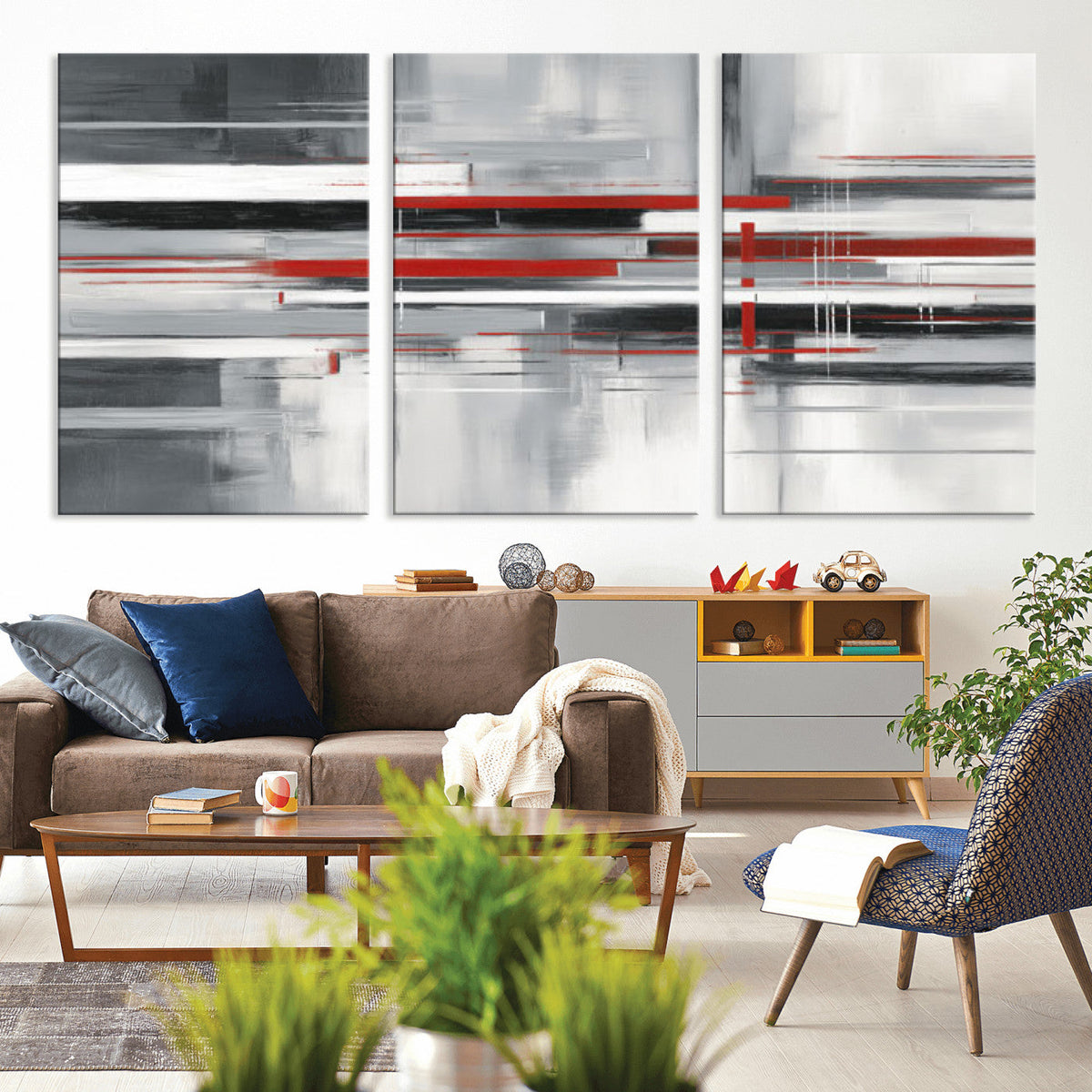Gray Red Abstract Wall Art Canvas Print, Modern Abstract