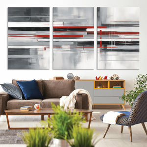 Gray Red Abstract Wall Art Canvas Print, Modern Abstract