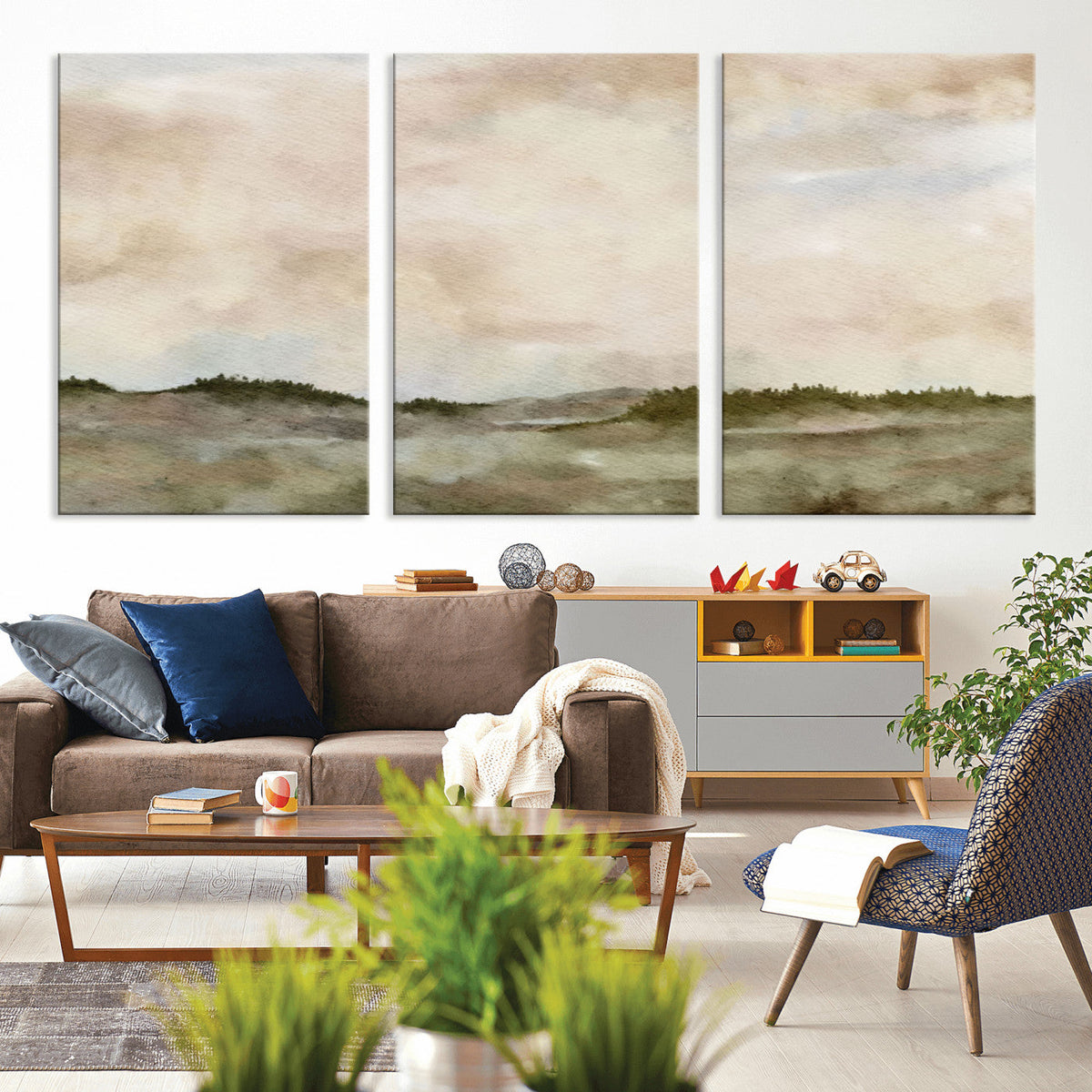 Muted Watercolor Hill Landscape Print — Beige Taupe Cloudy