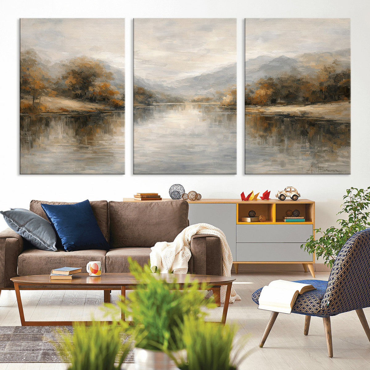 Neutral Abstract River Landscape Wall Art Canvas Print