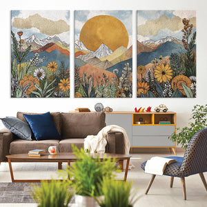 Boho Mountain Landscape Large Wall Art, Horizontal Gold