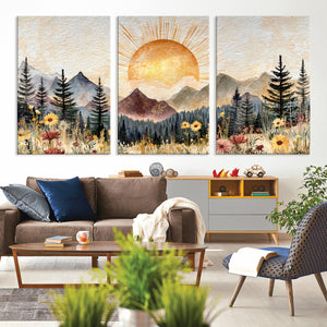 Boho Mountain Landscape Large Wall Art, Horizontal Gold