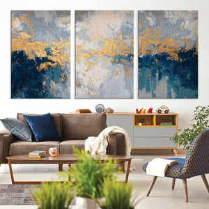 Blue Gold Abstract Large Framed Canvas Wall Art, Modern