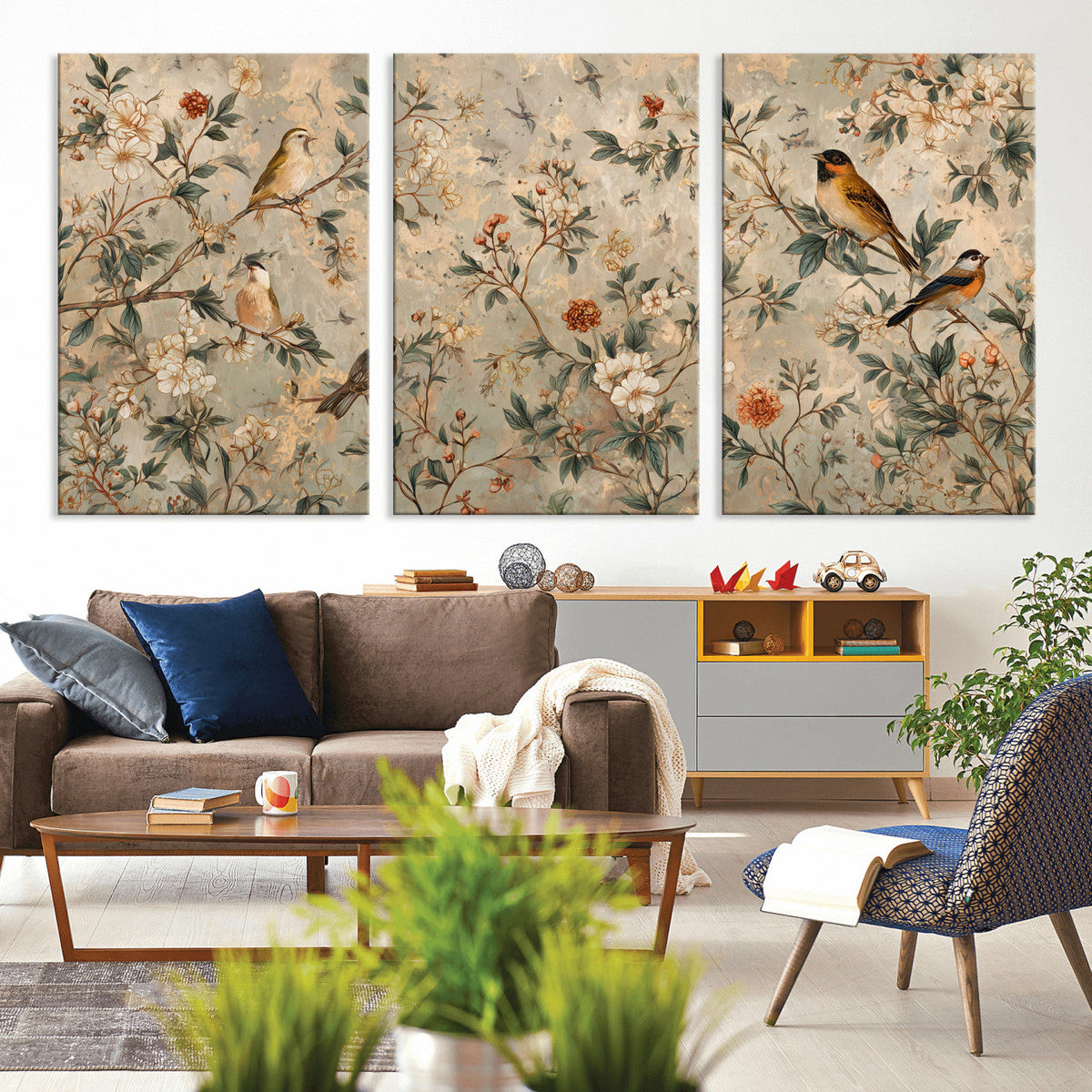 Vintage Birds and Flowers Wall Art Canvas Print, Botanical
