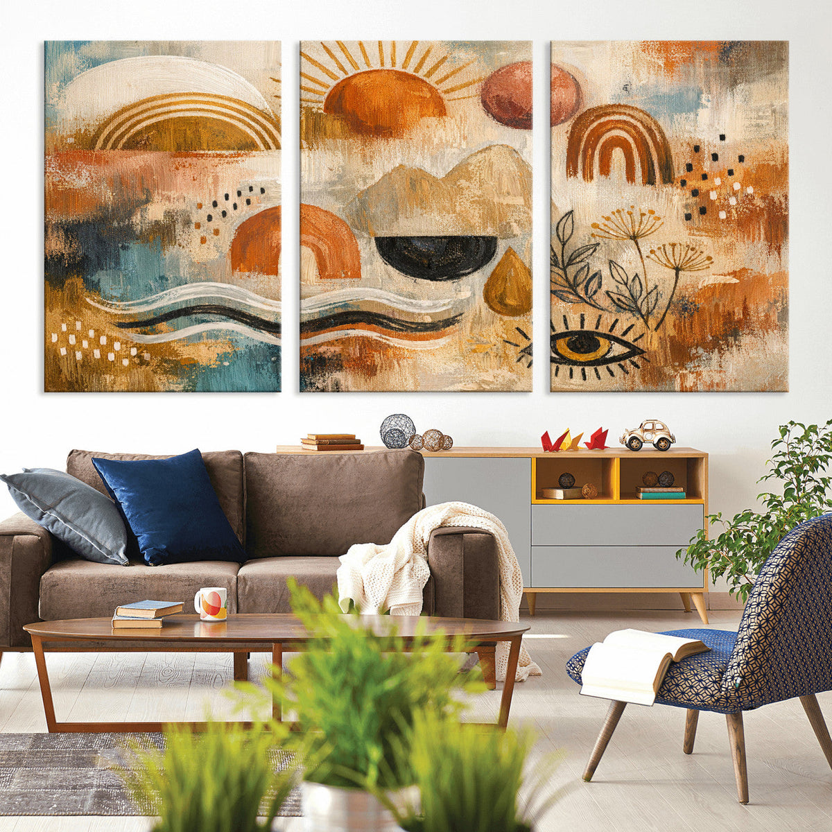 Geometric Boho Abstract Wall Art Canvas Print, Orange Blue