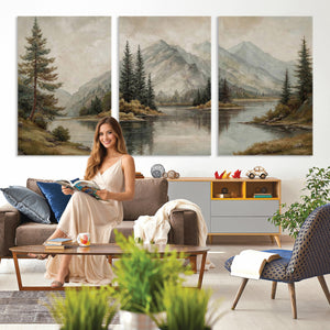 Vintage Mountain Landscape Wall Art Canvas Print Set, Rustic