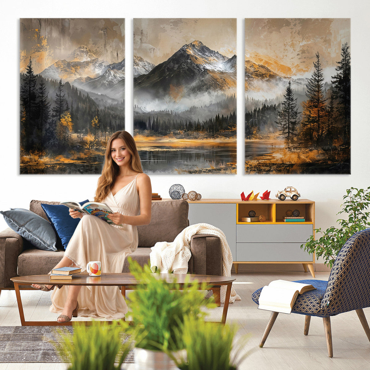 Mountain Lake Canvas Wall Art — Rustic Forest Landscape
