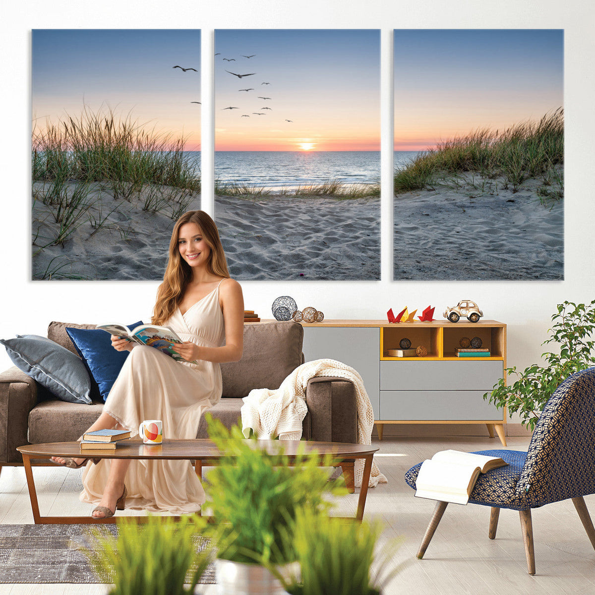 Sandy Dune Path Sunset Canvas Wall Art — Seagulls Beach