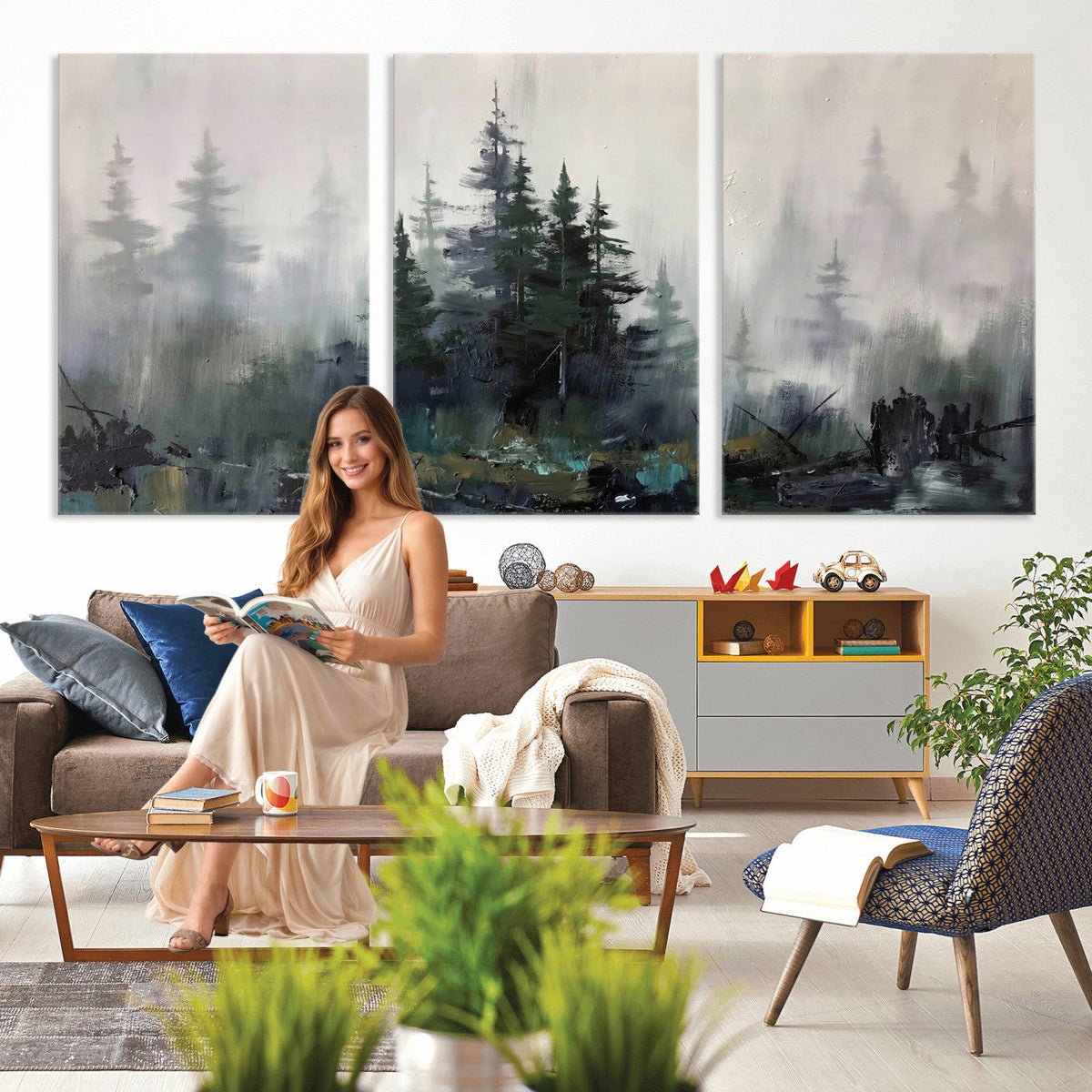 Misty Pine Forest Oil Painting Canvas — Dark Moody Teal Grey