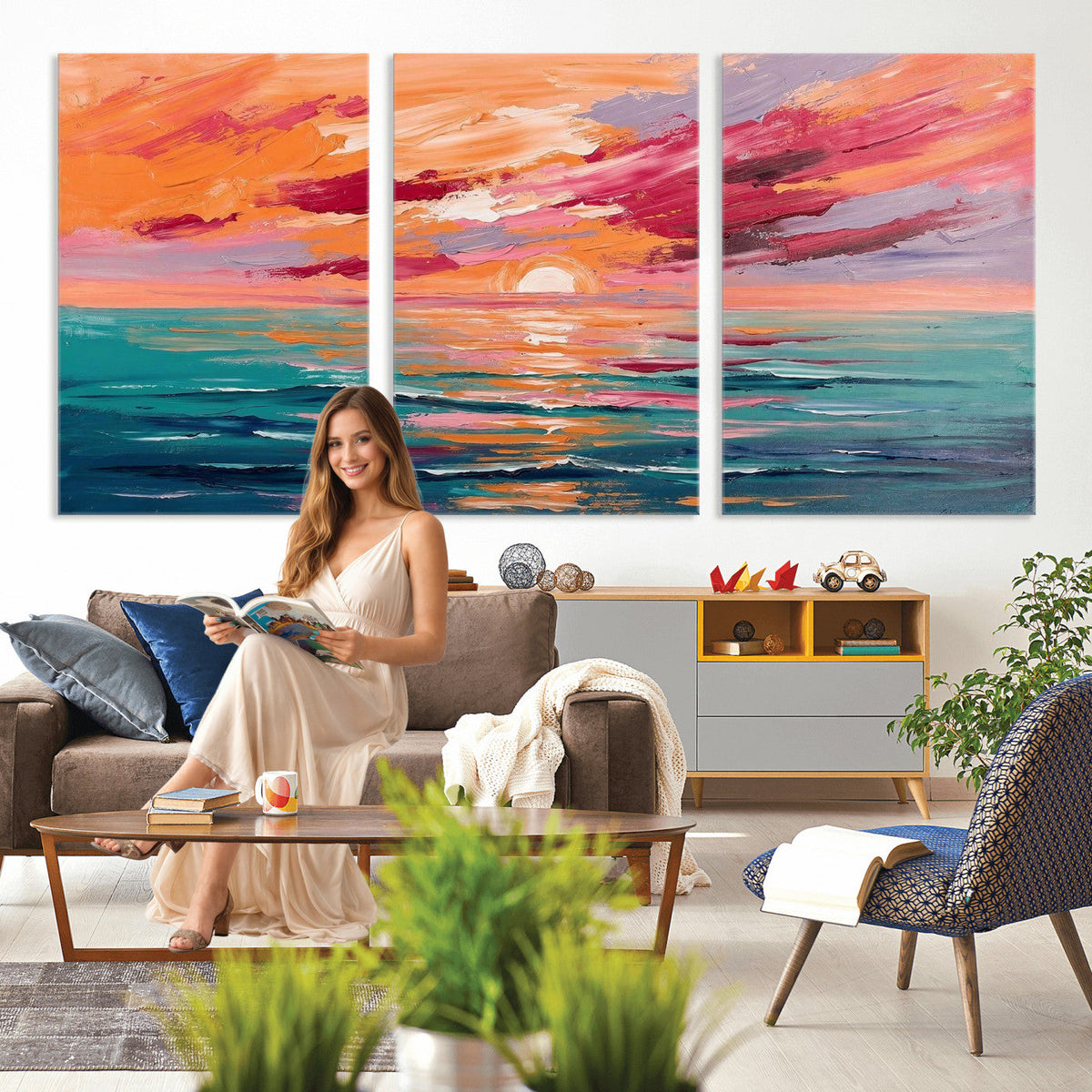 Bold Palette Knife Ocean Sunset Canvas — Orange Pink Teal