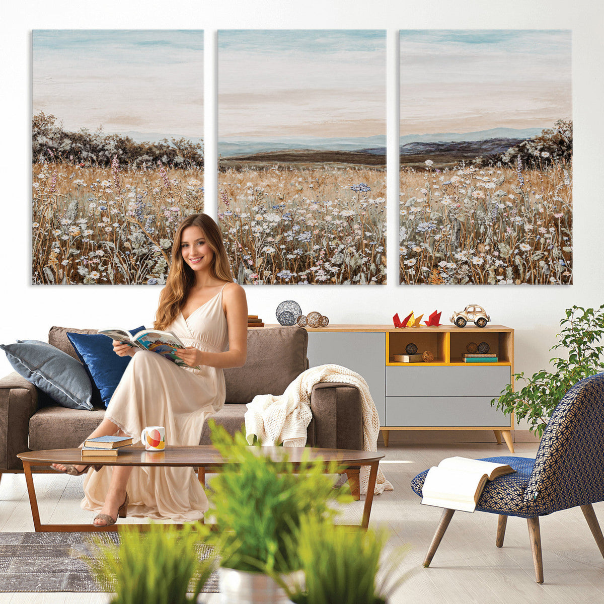 Neutral Wildflower Field Canvas Wall Art — Beige Earth Tone