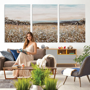 Neutral Wildflower Field Canvas Wall Art — Beige Earth Tone