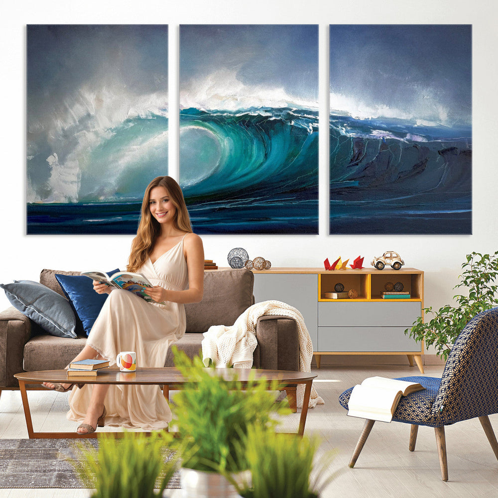 Ocean Wave Canvas Wall Art, Dramatic Teal Blue Seascape Oil