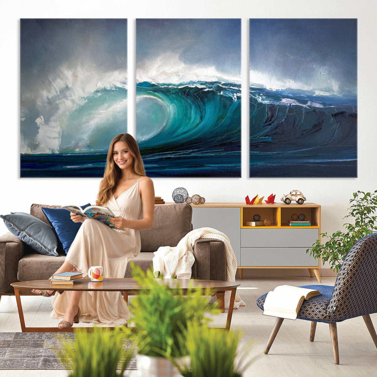 Ocean Wave Canvas Wall Art, Dramatic Teal Blue Seascape Oil