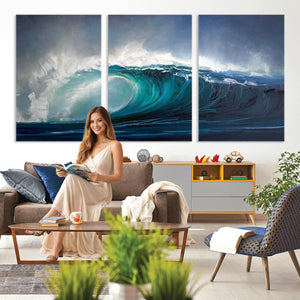 Ocean Wave Canvas Wall Art, Dramatic Teal Blue Seascape Oil