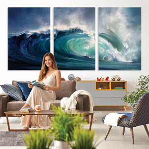 Ocean Wave Canvas Wall Art, Dramatic Teal Blue Seascape Oil