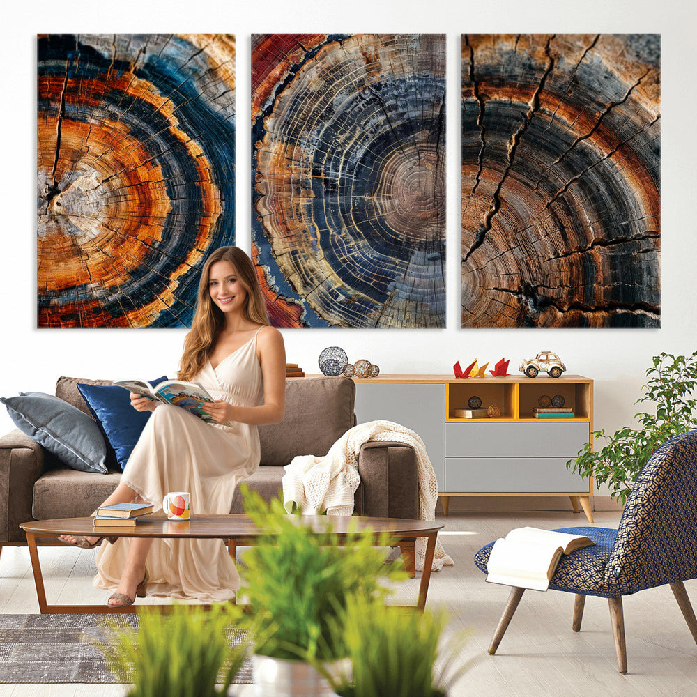 Tree Ring Canvas Wall Art, Wood Cross Section Triptych
