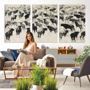 Longhorn Cattle Canvas Wall Art, Black White Stampede Ink