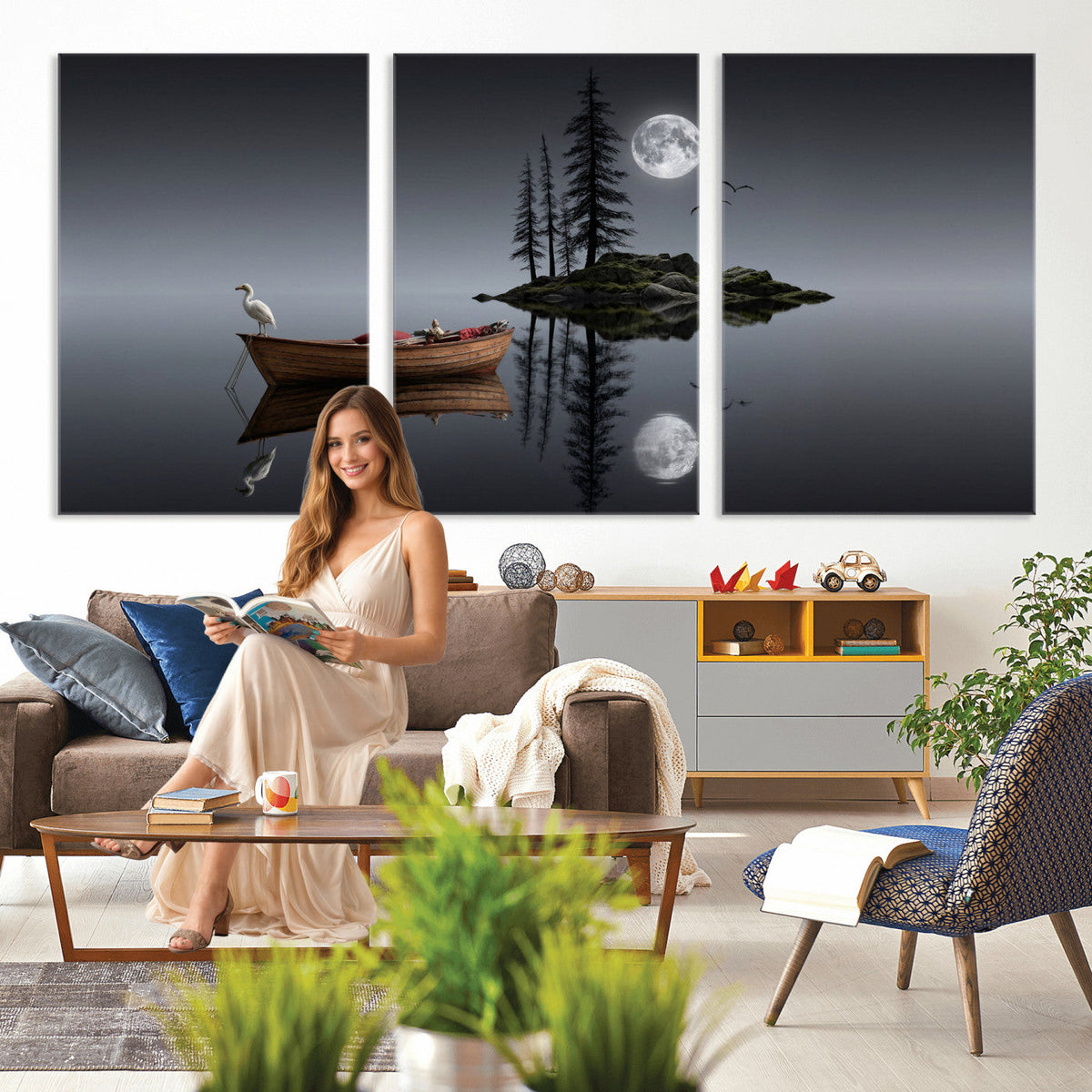 Moonlit Lake Canvas Wall Art, Dreamy Boat Heron Full Moon