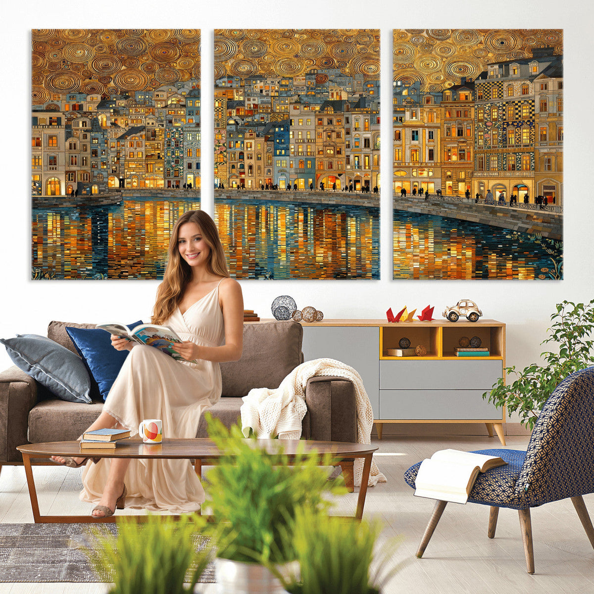 Gustav Klimt Golden Cityscape Wall Art Canvas Print, Framed