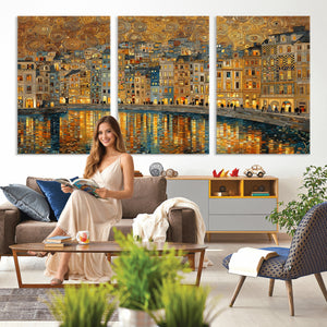 Gustav Klimt Golden Cityscape Wall Art Canvas Print, Framed
