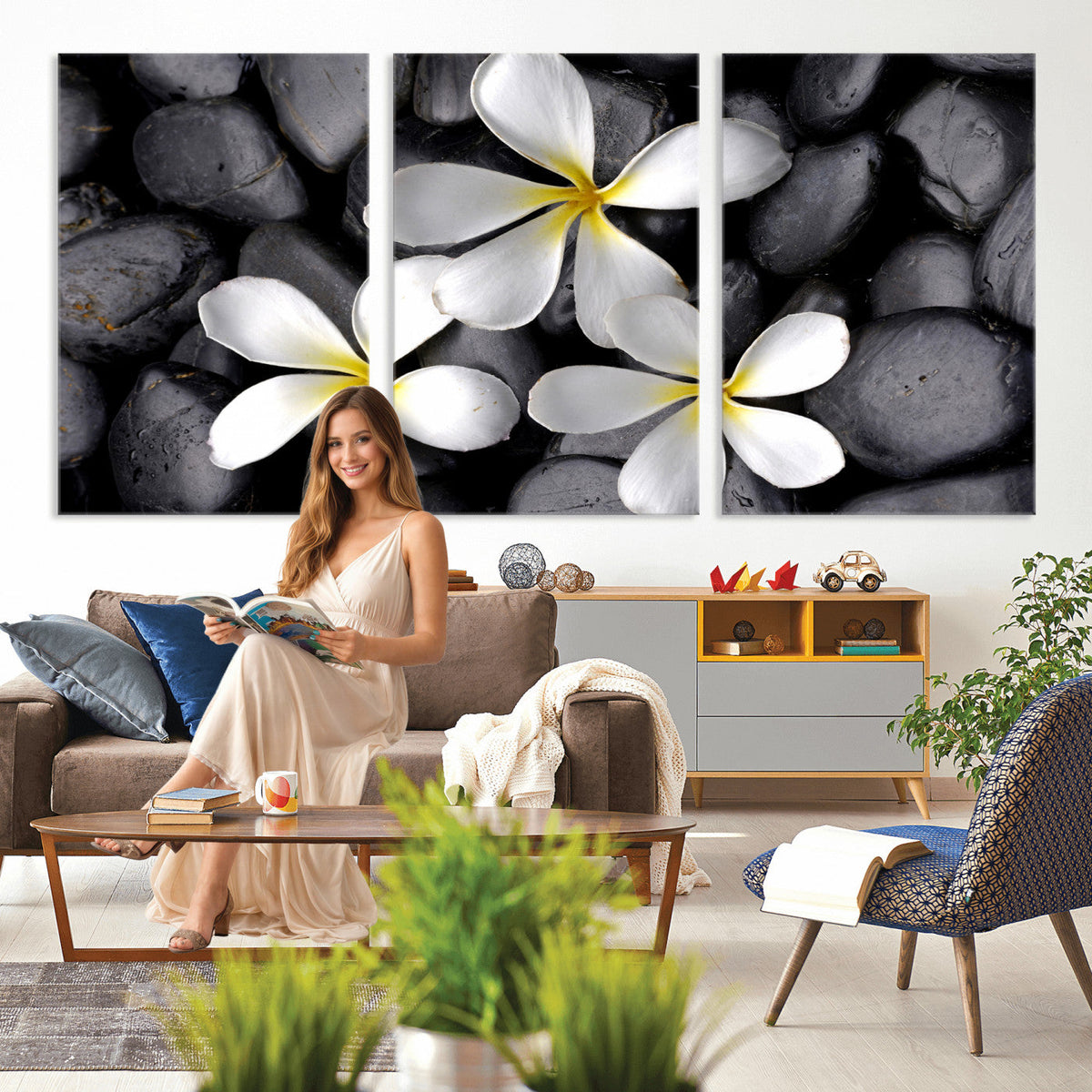 Plumeria Frangipani Black Stone Canvas | White Flower Spa