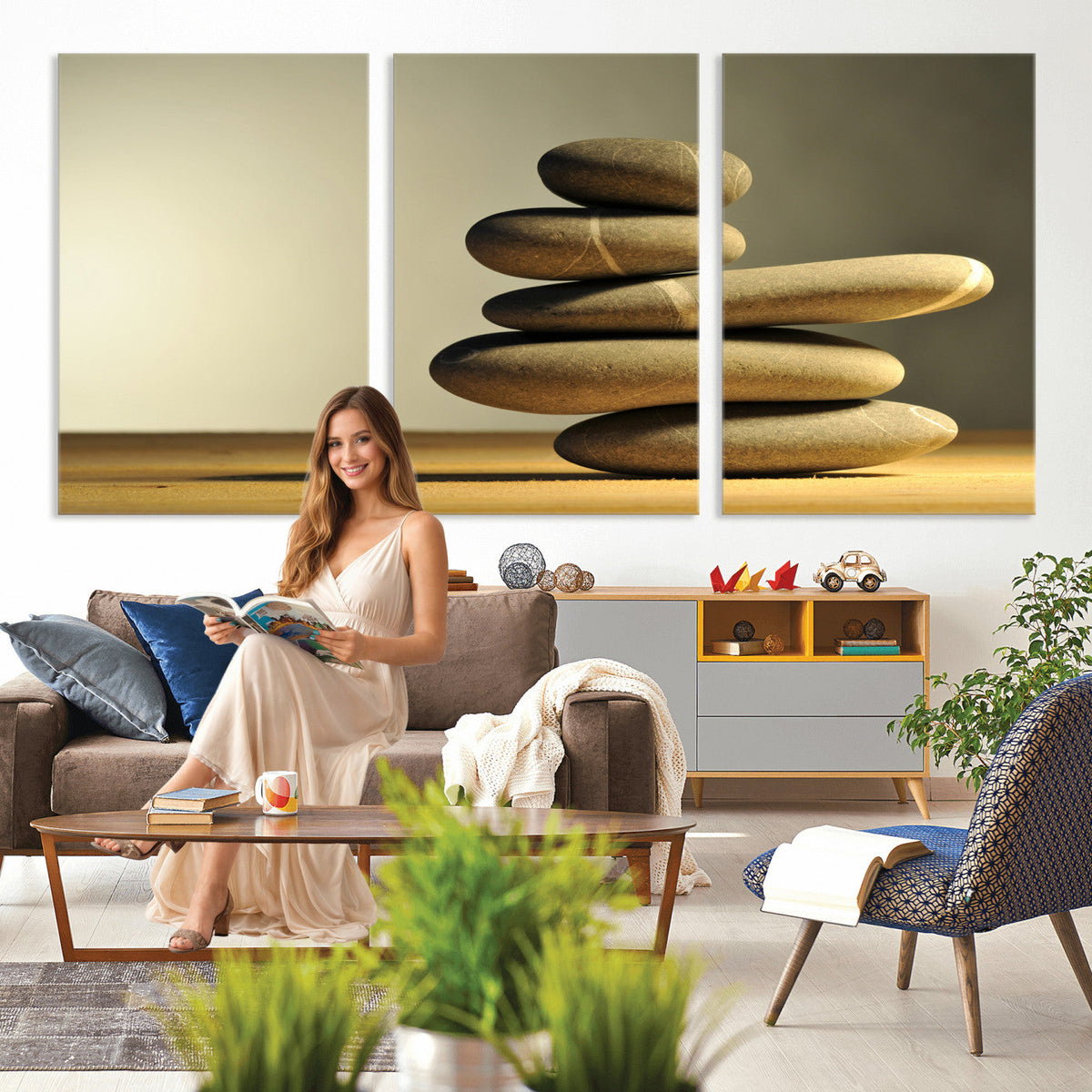 Zen Stone Wall Art Canvas Print, Balanced Rock Stack Framed