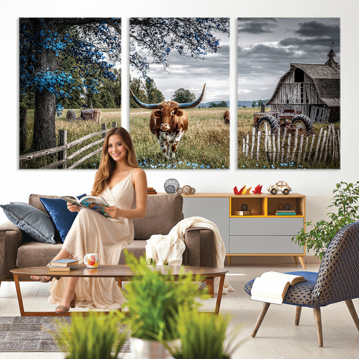 Texas Longhorn Canvas Wall Art, Rustic Farm Barn Bluebonnet