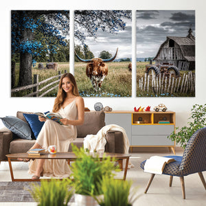 Texas Longhorn Canvas Wall Art, Rustic Farm Barn Bluebonnet