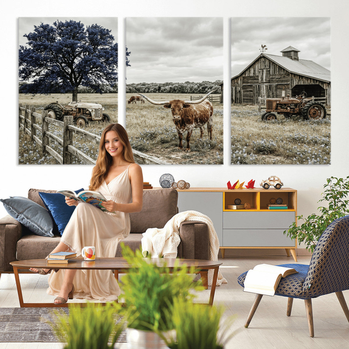 Texas Longhorn Canvas Wall Art, Rustic Farm Barn Bluebonnet