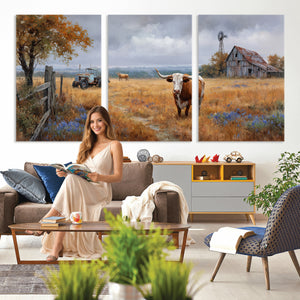 Texas Longhorn Canvas Wall Art, Rustic Farm Barn Bluebonnet