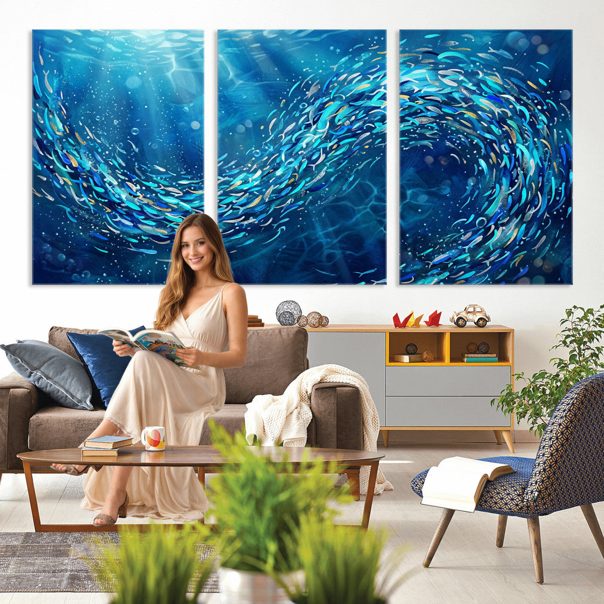 School of Fish Canvas Print | Blue Ocean Underwater Wall Art