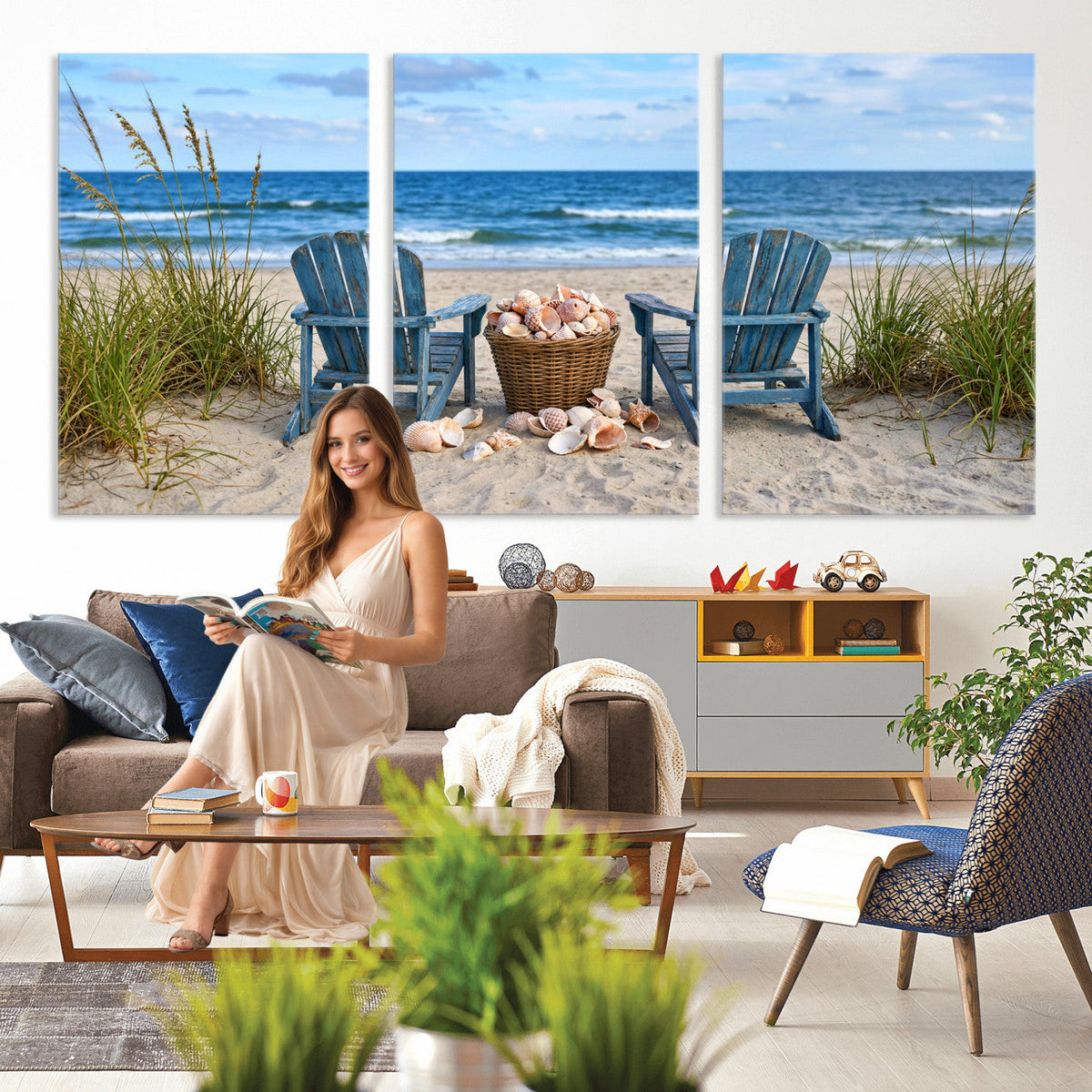 Large Beach Canvas Wall Art Coastal Adirondack Chairs Ocean
