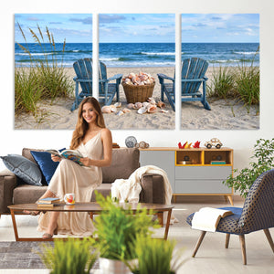 Large Beach Canvas Wall Art Coastal Adirondack Chairs Ocean
