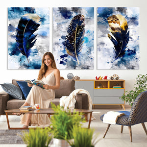 Feather Canvas Wall Art Navy Blue Gold Watercolor Abstract