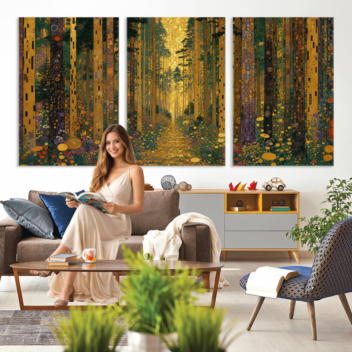 Gustav Klimt Style Forest Canvas Wall Art, Golden Forest Path Floral Art Nouveau Print, Enchanted Woodland Decor